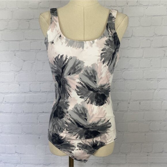 ⭐ 3/$15 Fabletics Medium Floral Padded Bodysuit White Pink Grey Ashley Workout - Picture 2 of 9